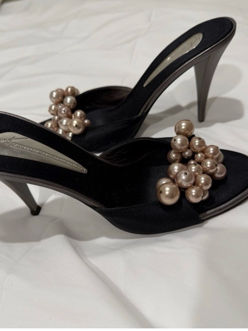 Giuseppe Zanotti Vicini Satin Mule Heels with Pearl Cluster Accent